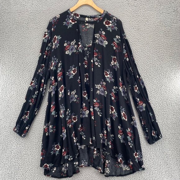 Free People Dress Womens Medium Black Multi Floral Tunic Gauzy Long Sleeve Mini - Picture 1 of 9